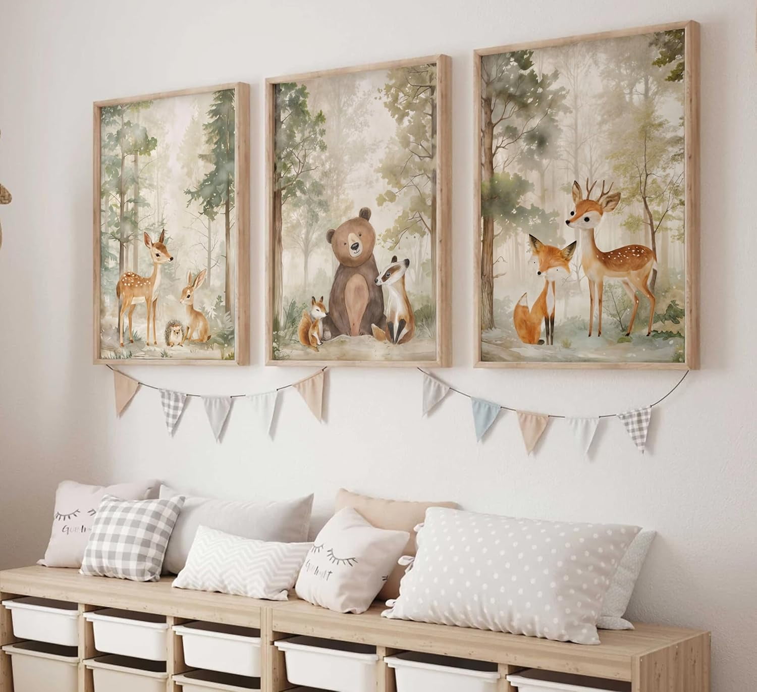 3-Piece Woodland Animal Nursery Canvas Wall Art Set - Deer, Bear, Fox Prints (12x16 In Each)
