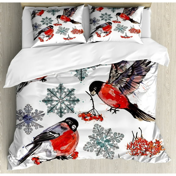 Rowan Duvet Cover Set, Christmas Pattern of Bullfinch Birds Snowflakes Rowan in Watercolor Style, Decorative 3 Piece Bedding Set with 2 Pillow Shams, King Size, Scarlet Grey Black, by Ambesonne