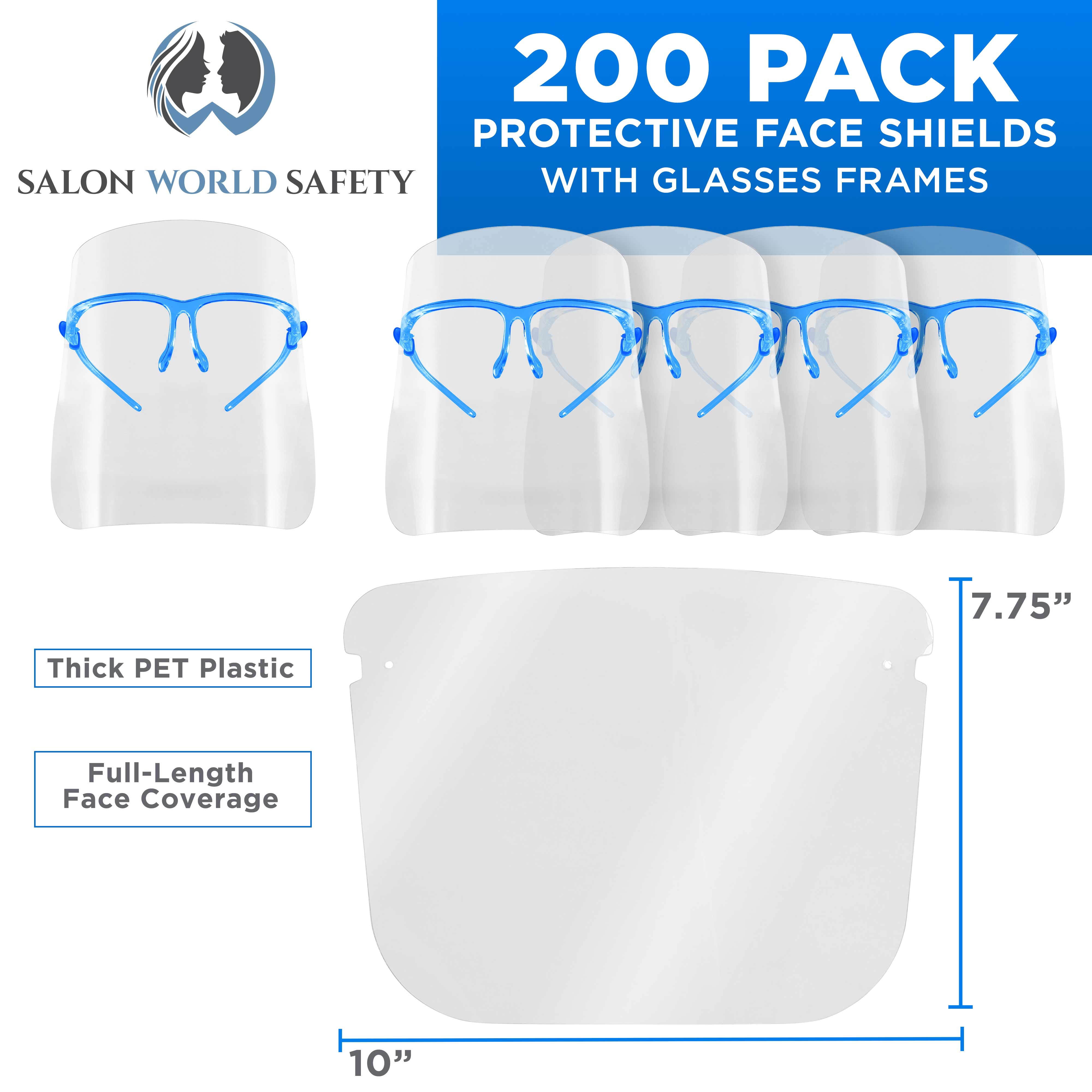 TCP Global Salon World Safety Face Shields with Blue Glasses Frames (Case of 200) - Ultra Clear Protective Full Face Shields to Protect Eyes, Nose, Mouth - Anti-Fog PET Plastic, Goggles