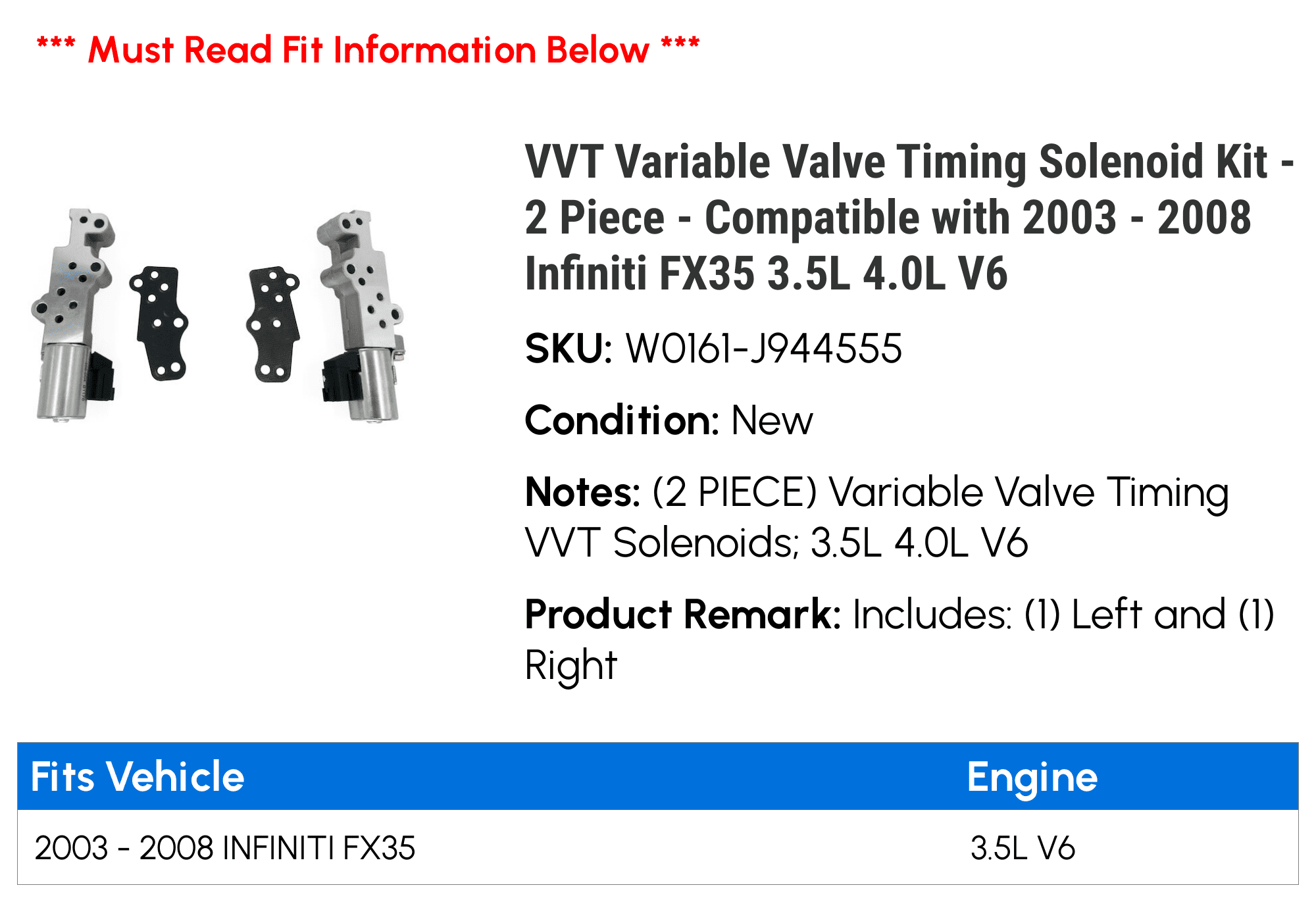 VVT Variable Valve Timing Solenoid Kit - 2 Piece - Compatible with 2003 - 2008 Infiniti FX35 3.5L 4.0L V6 2004 2005 2006 2007