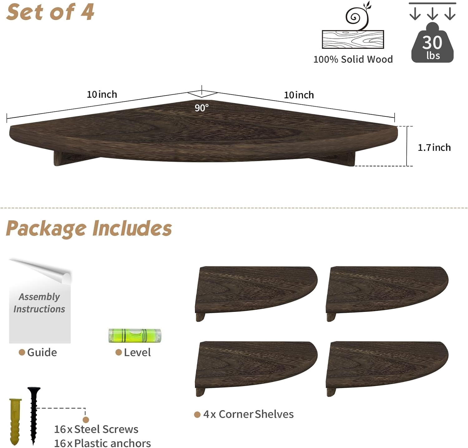 Floating Corner Shelves for Wall Set of 4, Small Corner Bookshelf for Bedroom Books, Round Wooden Corner Shelf Wall Mount for Bathroom Plants, Kitchen, Living Room Decor (Dark Brown)
