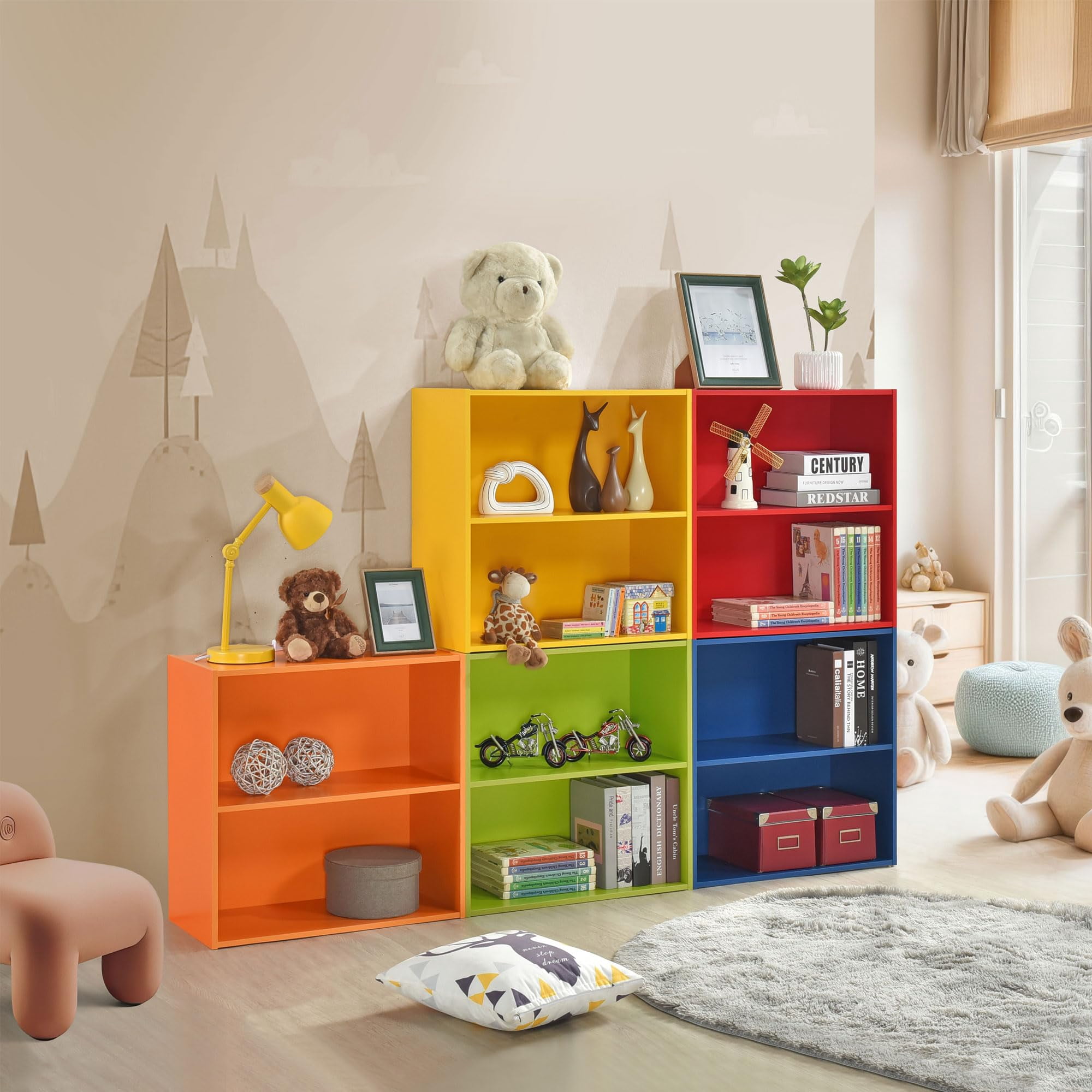 Kings Brand Furniture George 2-Tier Bookcase Storage Organizer - Wooden Shelf Organizer for Bedroom, Nursery, School or Home Office (Green)