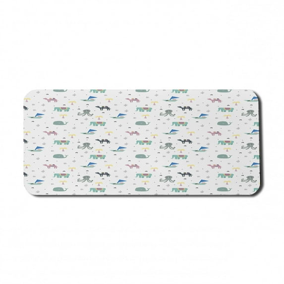 Tropical Computer Mouse Pad, Exotic Animals Camel Whale Palm Trees Octopus Cartoon, Rectangle Non-Slip Rubber Mousepad X-Large, 35" x 15" Gaming Size, Multicolor, by Ambesonne