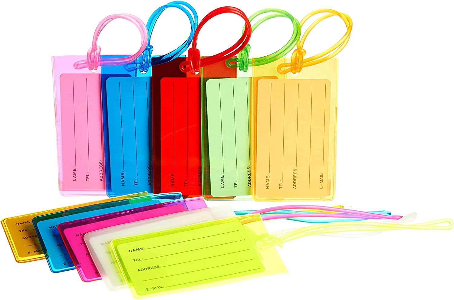 Wjpophn 10 Pcs Luggage Tags 34x19 Inches Plastic Luggage Identifiers with Lanyard Name Tags Travel Accessories Waterproof ID Tags Multi-Color Airplane