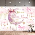 thumbnail image 2 of 12X8ft We are Over The Moon Baby Shower Backdrop Pink Bow Watercolor Shining Moon Gold Stars Clouds Photography Background for Newborn Girl Kids Party Decorations Studio Photo Shoot, 2 of 3