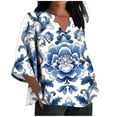 thumbnail image 2 of Jsaierl Women's 3/4 Sleeve Cotton Linen Tops Casual V Neck Shirts Dressy Print Petite Blouses Going Out Vacation T-shirts Top S-5XL, 2 of 5