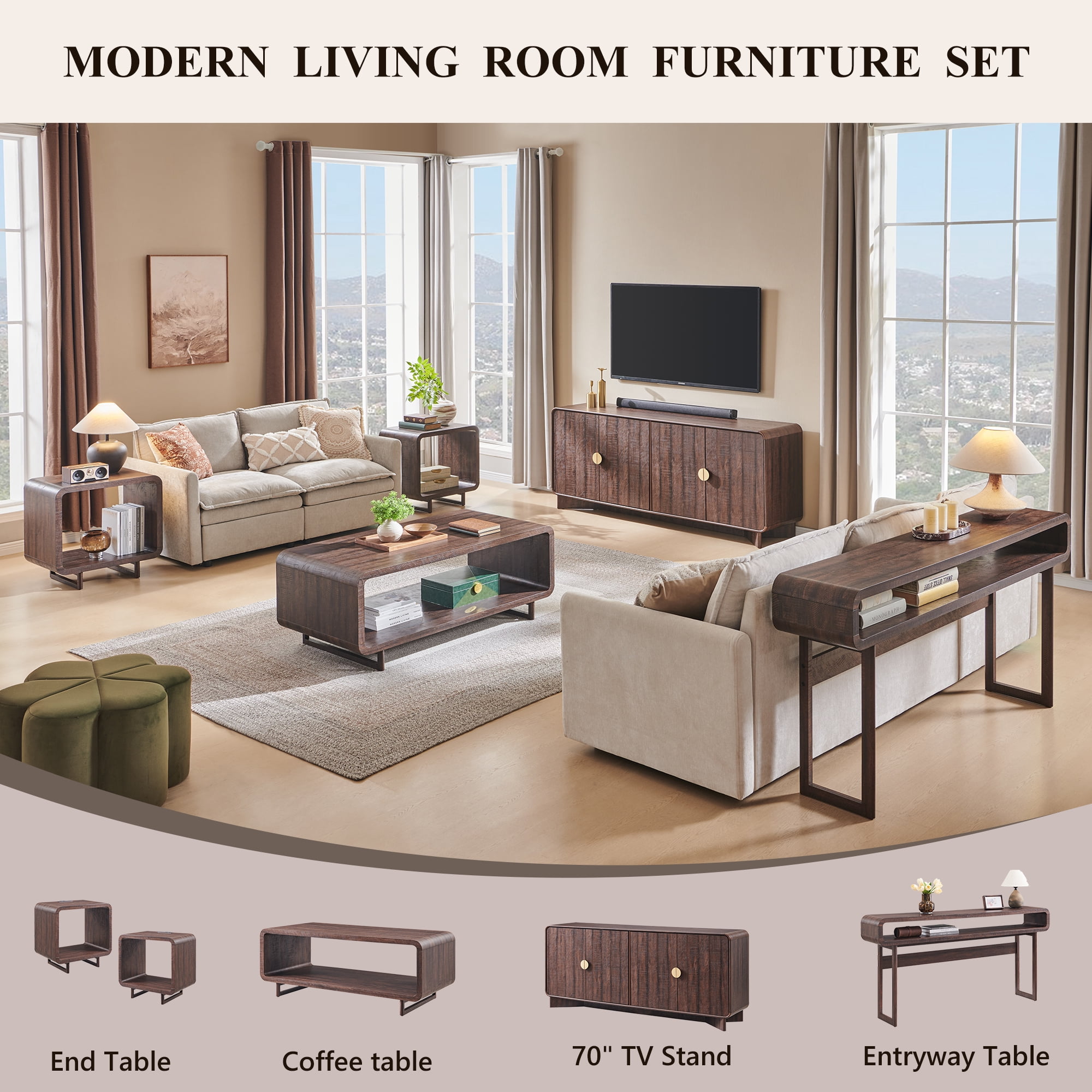 SinCiDo Modern TV Stand for TVs Up to 80 inches, Entertainment Center with Adjustable Shelves, Curved Profile Design, Media Console for Living Room, Brown