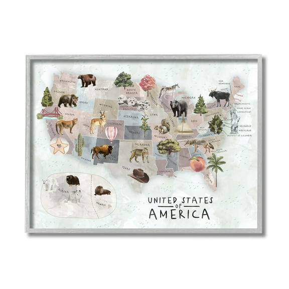 Stupell Industries United States Map Wilderness Animal Illustrations Gray Framed by Ziwei Li