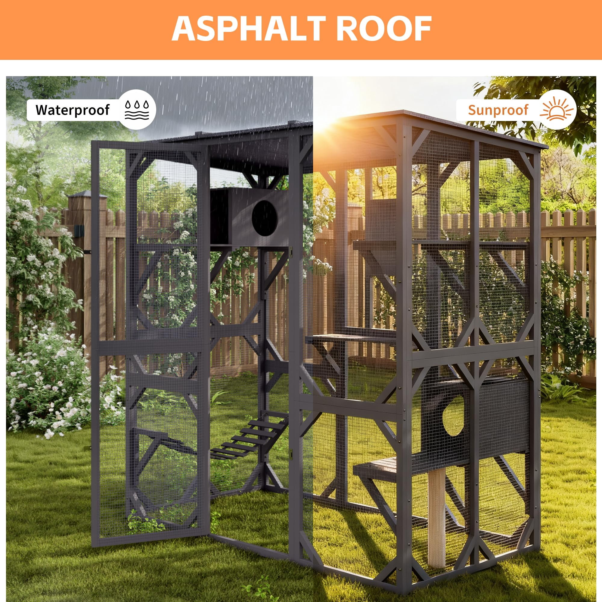 Accreate 70 Inch Large Wood Catio Outdoor Cat Enclosure with Waterproof Roof, Walk-in Cat House with Asphalt Roof, Scratch Post & Bridge for Cats, Patio Enclosure in Dark Grey