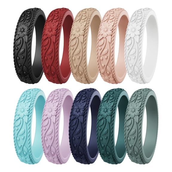 ThunderFit Silicone Rings for Women, Rubber Engagement Wedding Bands Vine Design 5.5mm Wide 2mm Thick - Variety Multipack 4-10