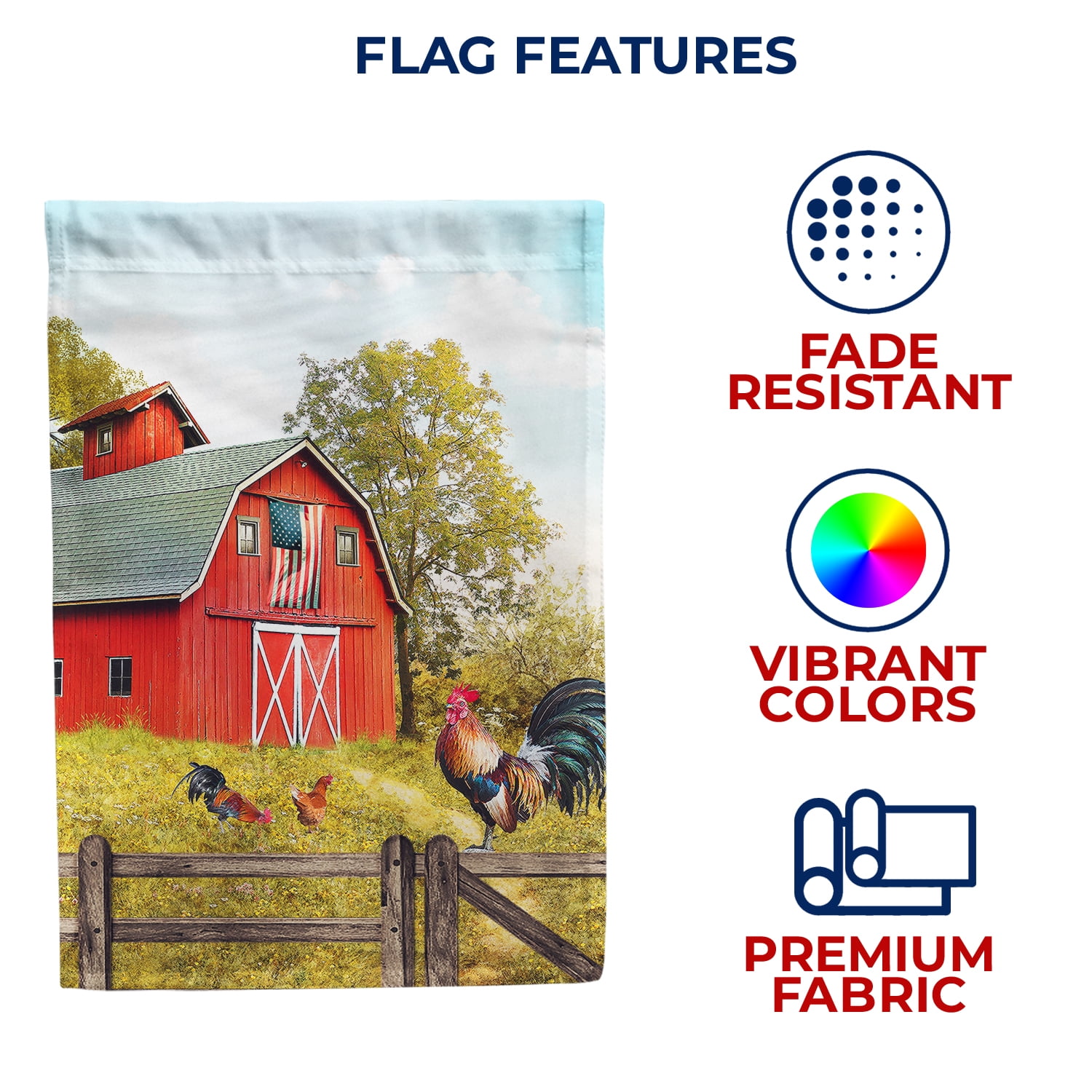 America Forever Summer Patriotic Red Barn Rooster House Flag 28 x 40 inches Fancy Farm Rooster Chicken Farm Bird Double Sided Seasonal Poultry Country Yard Outdoor Decorative Rustic House Flag