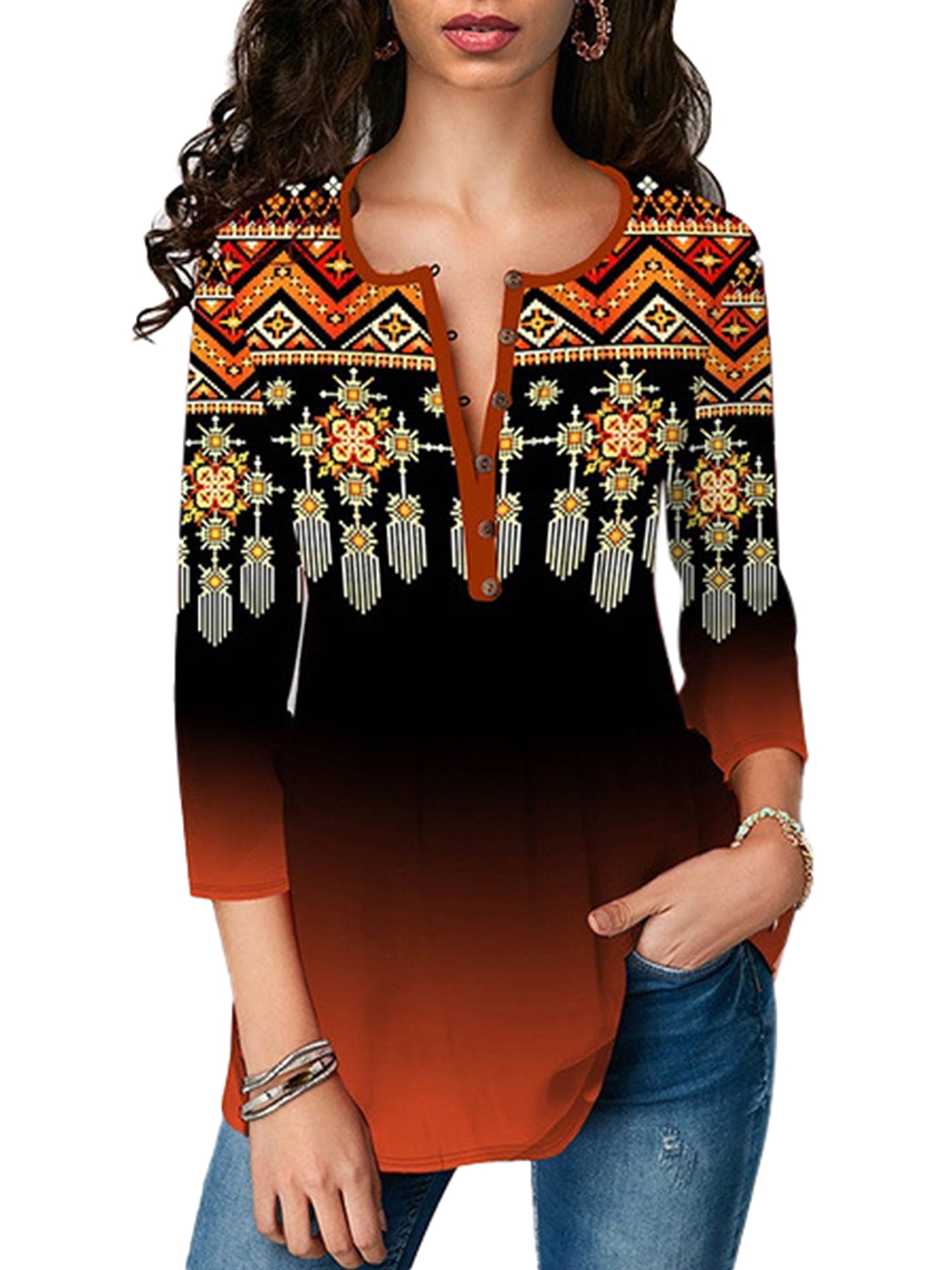 Tribal Womens Floral 3/4 Sleeve Blouse with Key Hole 