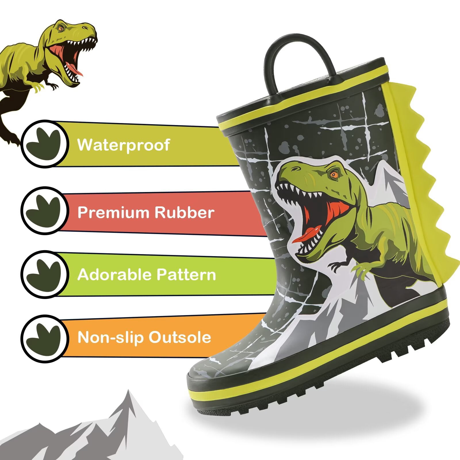 FUNCOO PLUS Toddler Rubber Rain Boots Kids Waterproof Boots for Boys, Tyrannosaurus Rex, Little Kid Size 11