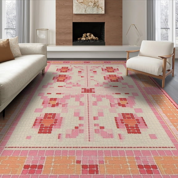 ODIKA 8'x10' Washable Area Rug Non-Shedding, Easy Care, Mid Century Pixel Retro Atomic Mosaic Border Motif Geometric for King Size Bedroom Under Bed, Master Suite