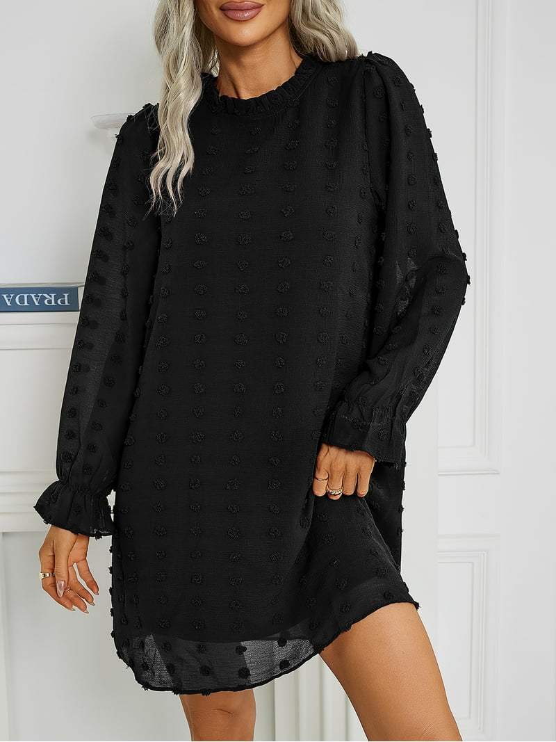 black swiss dot midi dress Black Short Sleeve High Ruffle Neck Swiss Dots Lace Smocked Midi Dress