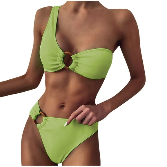 TMOYZQ 2 Piece Bikini Sets for Women, One Shoulder O-Ring Bikini Top Swimsuits with Side Tie Bikini Bottom High Cut Bathing Suits Swimwear