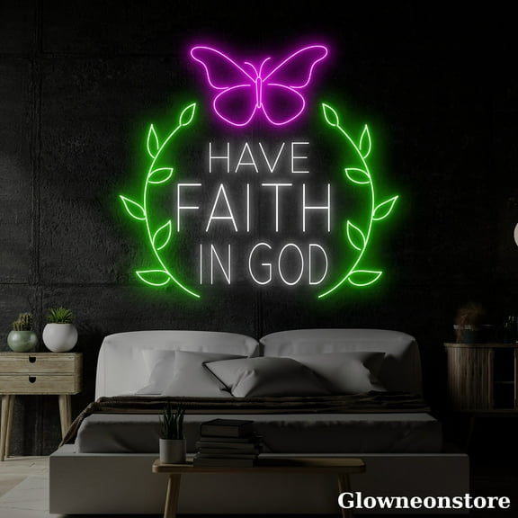 Glowneon Have Faith In God Neon Sign, Wreath Butterfly LED Sign, Faith Neon Light, Christian Gift