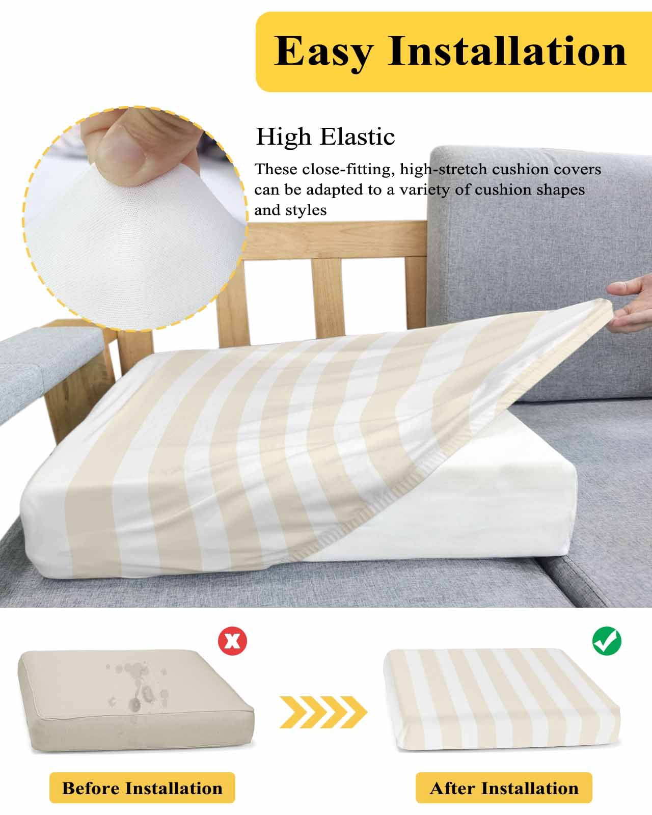 Cream Striped Couch Cushion Covers,Stretch Seat Cushion Covers for Sectional Sofa,Modern Farmhouse Cream White Stripes Loveseat Sofa&nbsp;Slipcovers Furniture Protector with Elastic&Straps 1Pcs,M