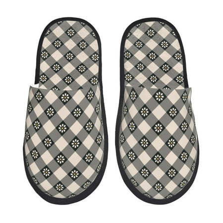 Balery Daisy Plaid Black Slient Indoor Furry Fleece Comfort House Shoes Soft Non-Slip Home Shoes Cotton slippers House Slippers-- Medium