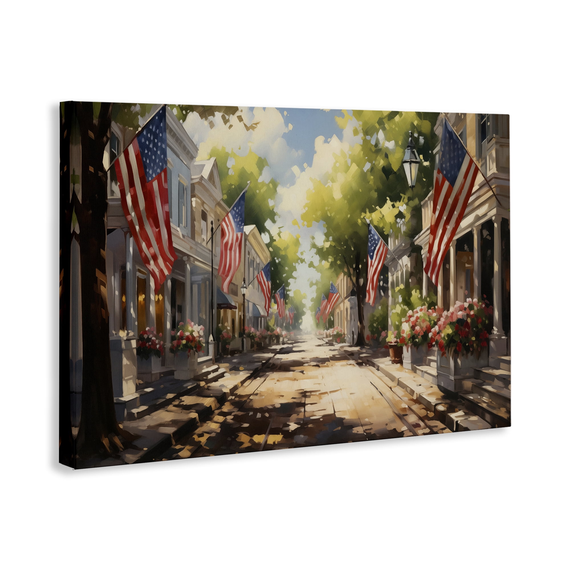 Stupell Industries American Flag Lined Street Scenic & Cityscapes Painting Wrapped Canvas Art Print Wall Art, 30 x 20