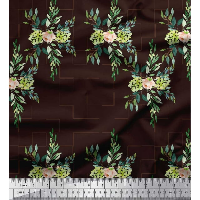 Soimoi Brown Silk Fabric Square & Leaves Printed Fabric 1 Yard 44 Inch Wide