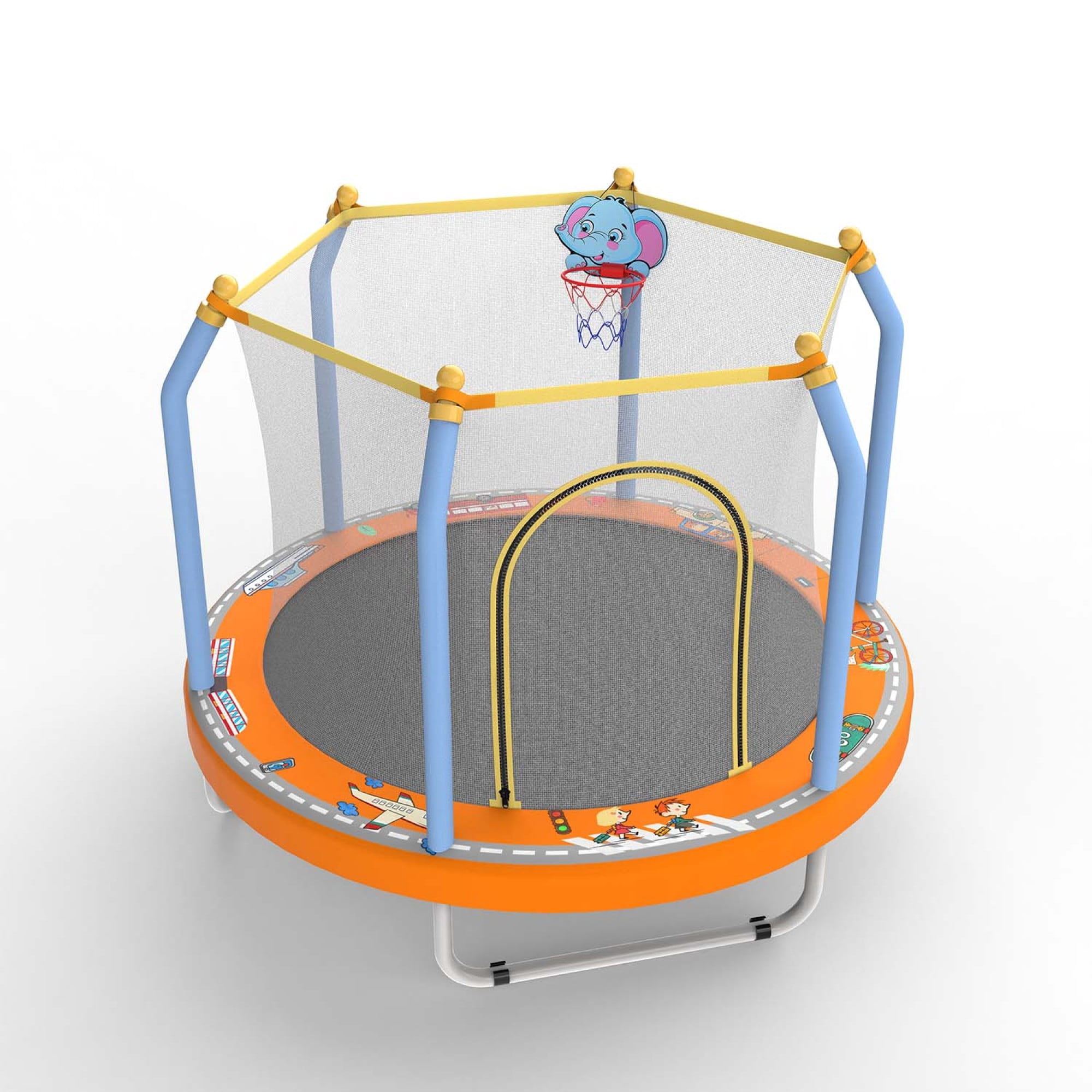Leumius 55inch Trampoline for Kids, Outdoor Mini Trampoline with Enclosure and Basketball Hoop, Orange