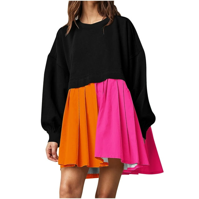 cfhntfmh Womens Fall Dresses Long Sleeve Crewneck Patchwork Dresses Loose Pleated Color Block Beach Mini Dress