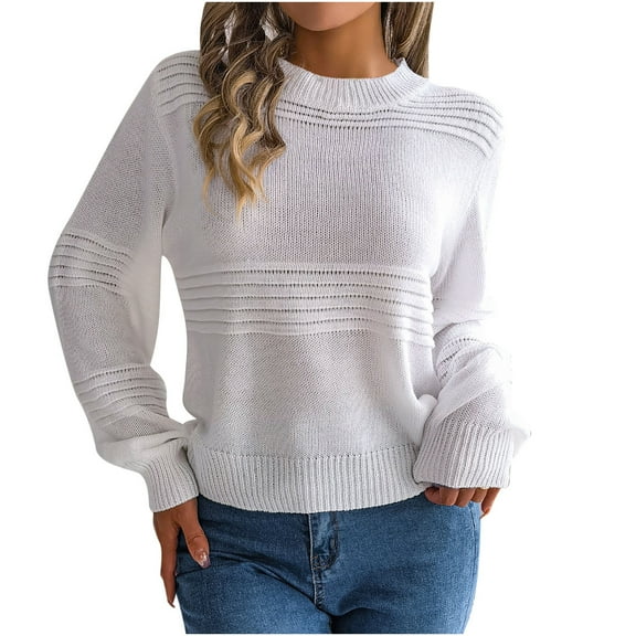 Diufon Knit Sweaters for Women Round Neck Long Sleeve Blouses Casual Loose Solid Color Tops