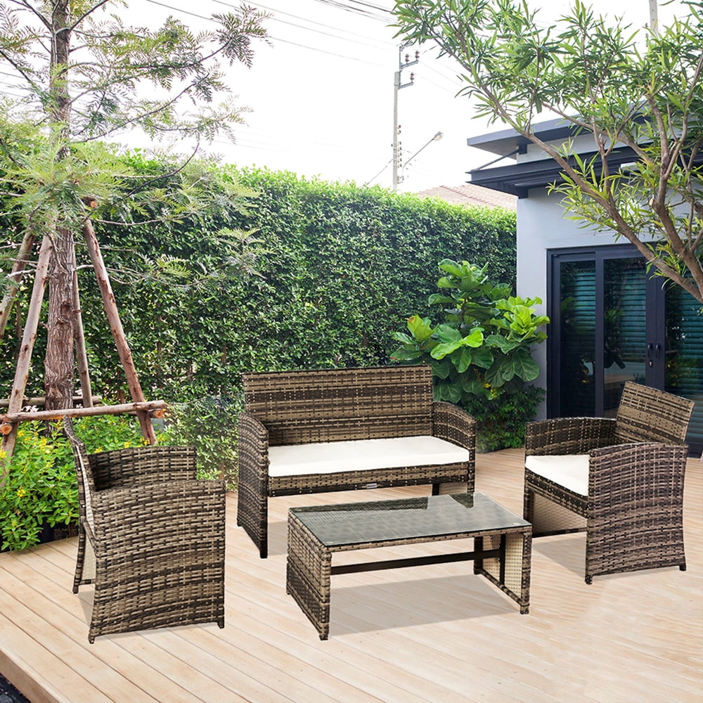 Outdoor Patio Furniture Sets, 4 Piece Gray Wicker Outdoor Porch