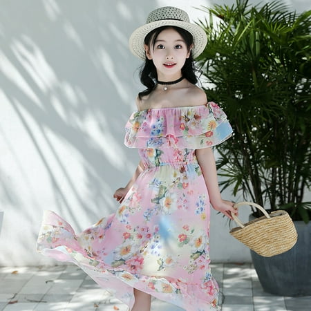 

Dyfzdhu Girls Dress Princess Kids Teen Flower Off Girls Shoulder Dress Children Ruched Girls Dress&Skirt