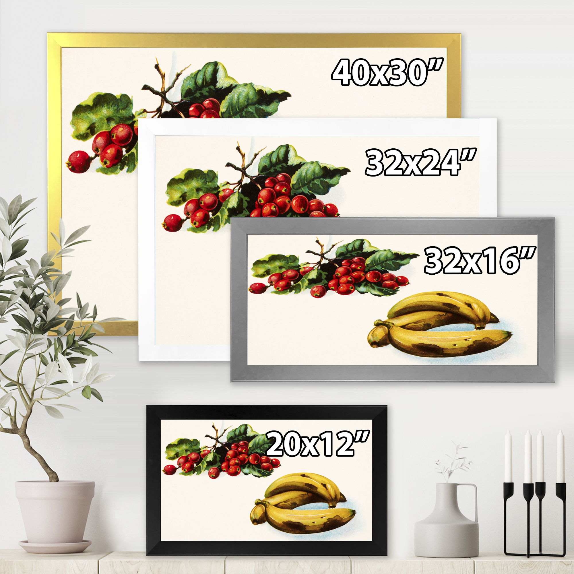 Designart 'Red Berries and Banana' Farmhouse Framed Art Print