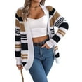 thumbnail image 3 of Women'S Color Block Striped Cardigan Sweater Casual Fall Winter Open Front Knit Cardigan Sweaters with Pockets Khaki L, 3 of 9