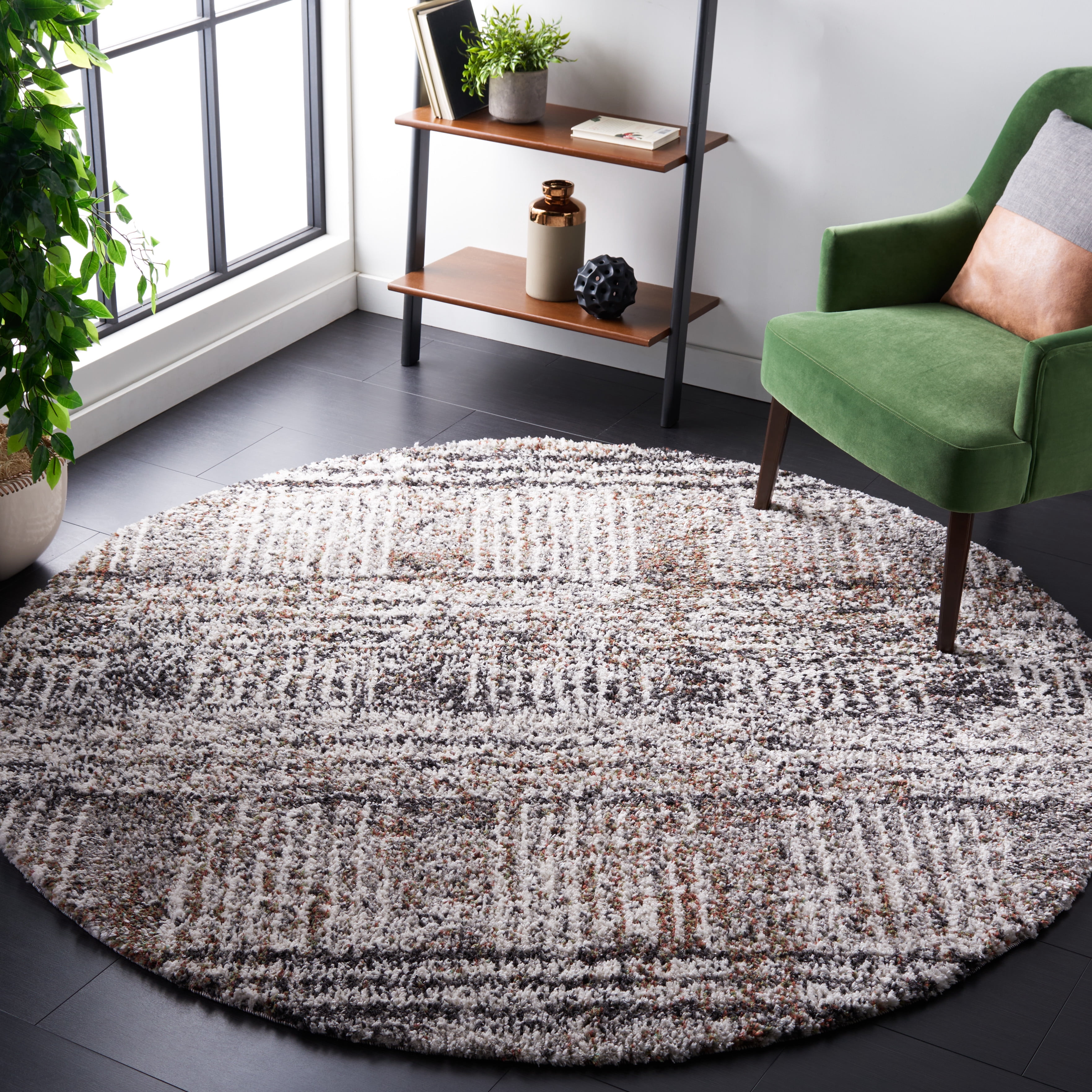 SAFAVIEH Jericho Rowan Striped Polyester Shag Area Rug, Black/Rust, 5'3" x 5'3" Round