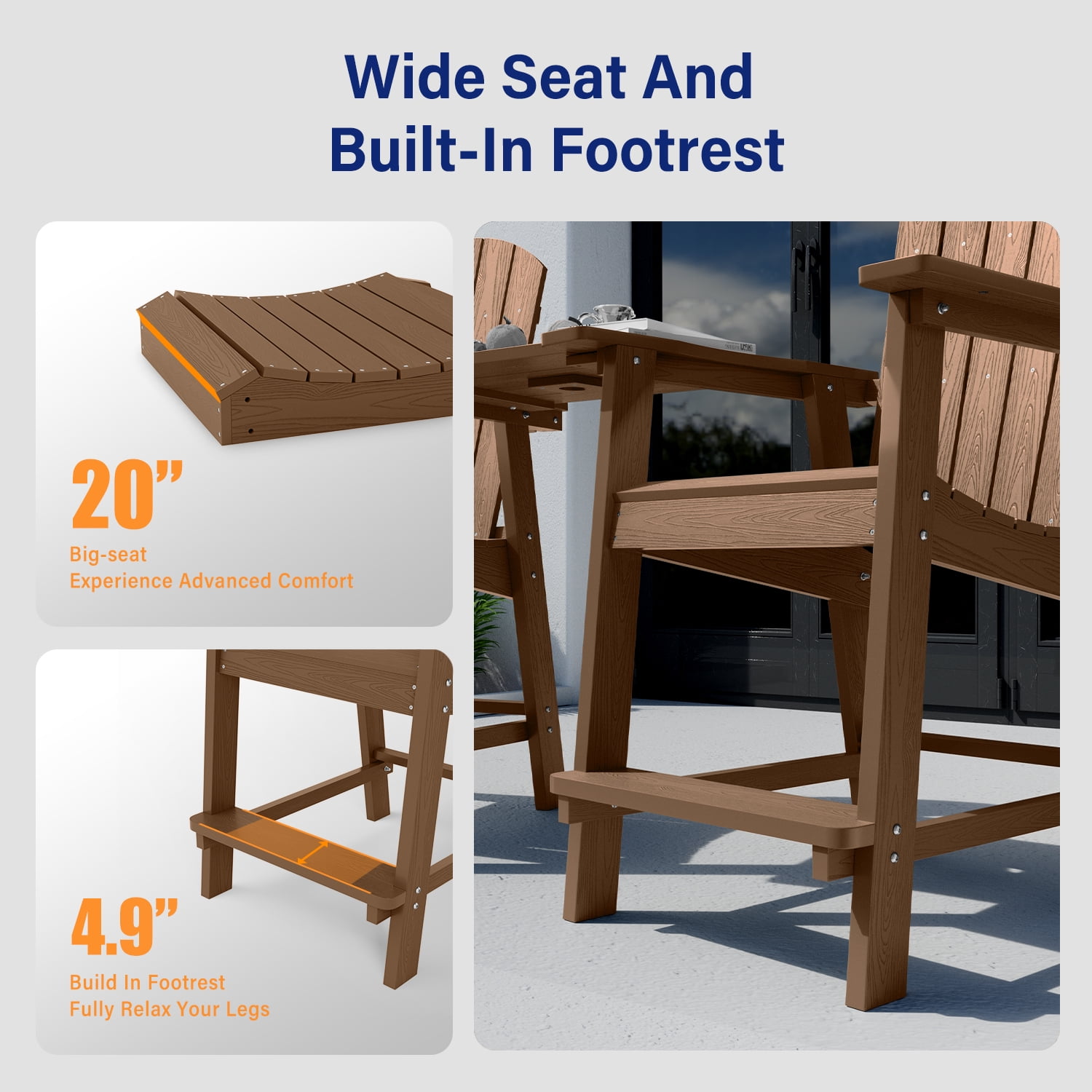 WINSOON Tall Adirondack Chair Set of 2 with Connecting Tray,Outdoor Bar Stools-Brown