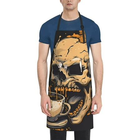 

Qekee Grim Coffee Skull Print Waterproof Apron with Pockets Adjustable Cooking Aprons Kitchen Bib for Baking Household Cleaning