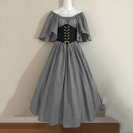 New Year Savings! Zpanxa Dresses for Women Round Neck Dress Flare Sleeve Off Shoulder Medieval Vintage Dresses With Corset Patchwork Ball Gown Womens Dresses Gray Dress L