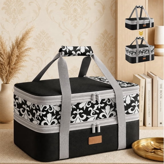 Norcho Insulated Double Decker Casserole Carrier, Expandable Lasagna Tote Bag for Hot/Cold Food, Fits 9" x 13" Baking Dish, Black-Flowers