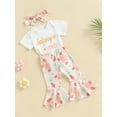 thumbnail image 3 of LMLYSoH Baby Kids Girls Pants Set, Short Sleeve Letters Print T-shirt/Romper with Flower Print Flare Pants and Headband, 3 of 9