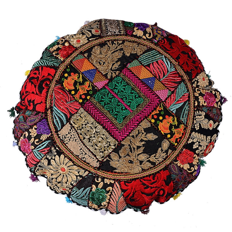 Indian Handmade Patchwork Codework Round Pouf Cover Ottoman Floor Pillow Cushion Seating Throw Decorative Pillow Cases