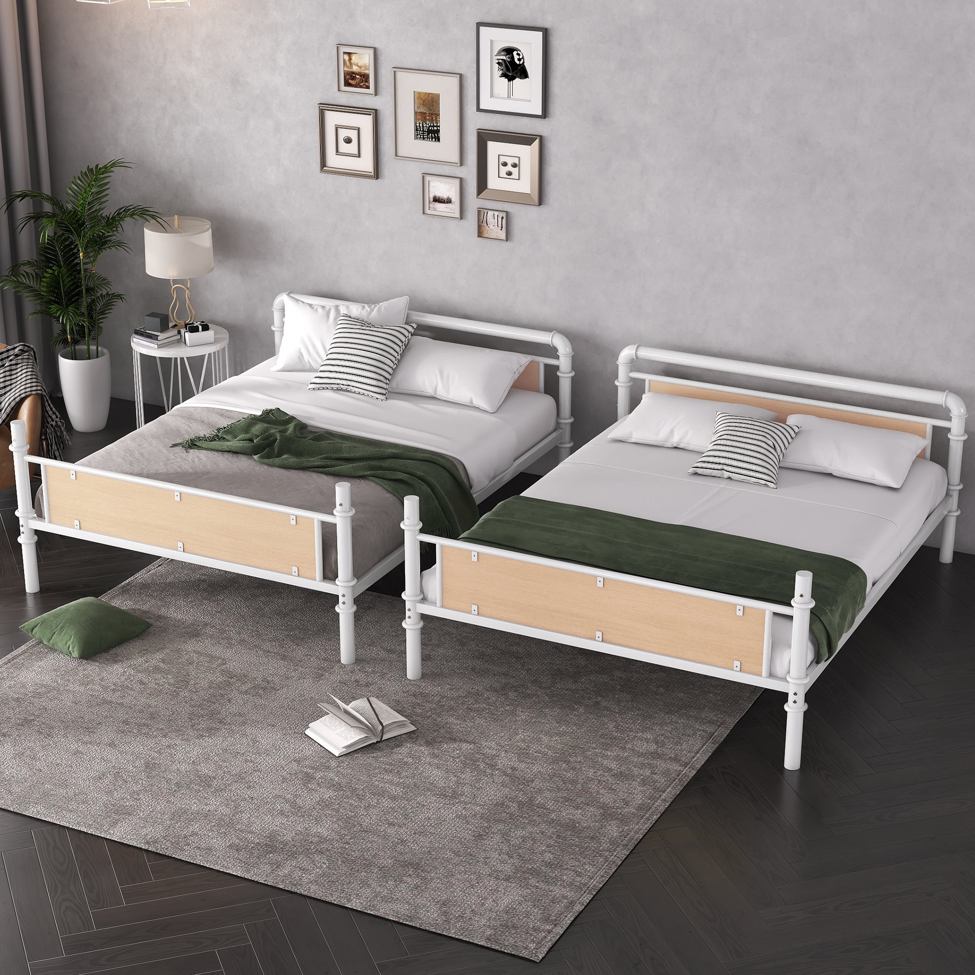 Twin XL over Twin XL Bunk Bed, Industrial Style Metal Bunk Bed with Safety Guard Rails for Teens and Adults, Easy Assembly, White
