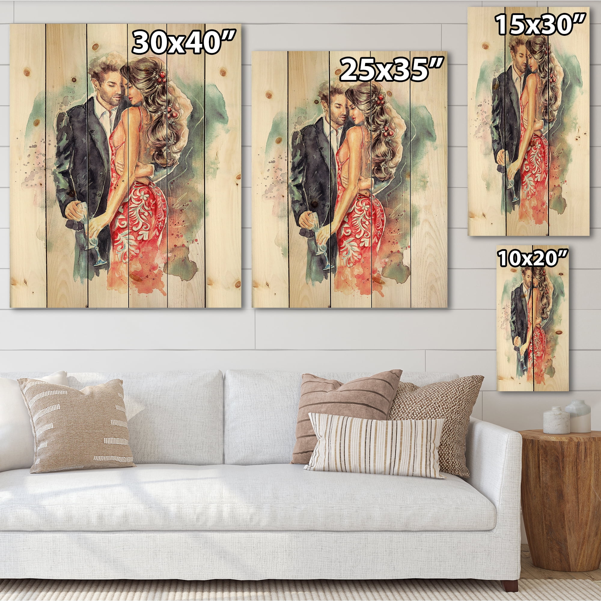 Designart 'Romantic Couple Ith Champagne Glasses At New Year Party' Traditional Print on Natural Pine Wood
