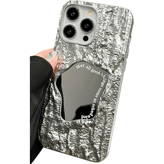 iPhone 14 Pro Mirror Case. Bling Glitter Silver Cute Tin Foil 3D Rock Texture Makeup Mirror Women Girls Shockproof Soft Case Cover for iPhone 14 Pro