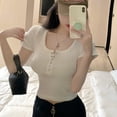 thumbnail image 1 of T-shirts Courts en Coton pour Femmes, Noirs, Couleur Unie, Col Rond, Manches Courtes Serrées, Mode, Tops de Rue, 1 of 5