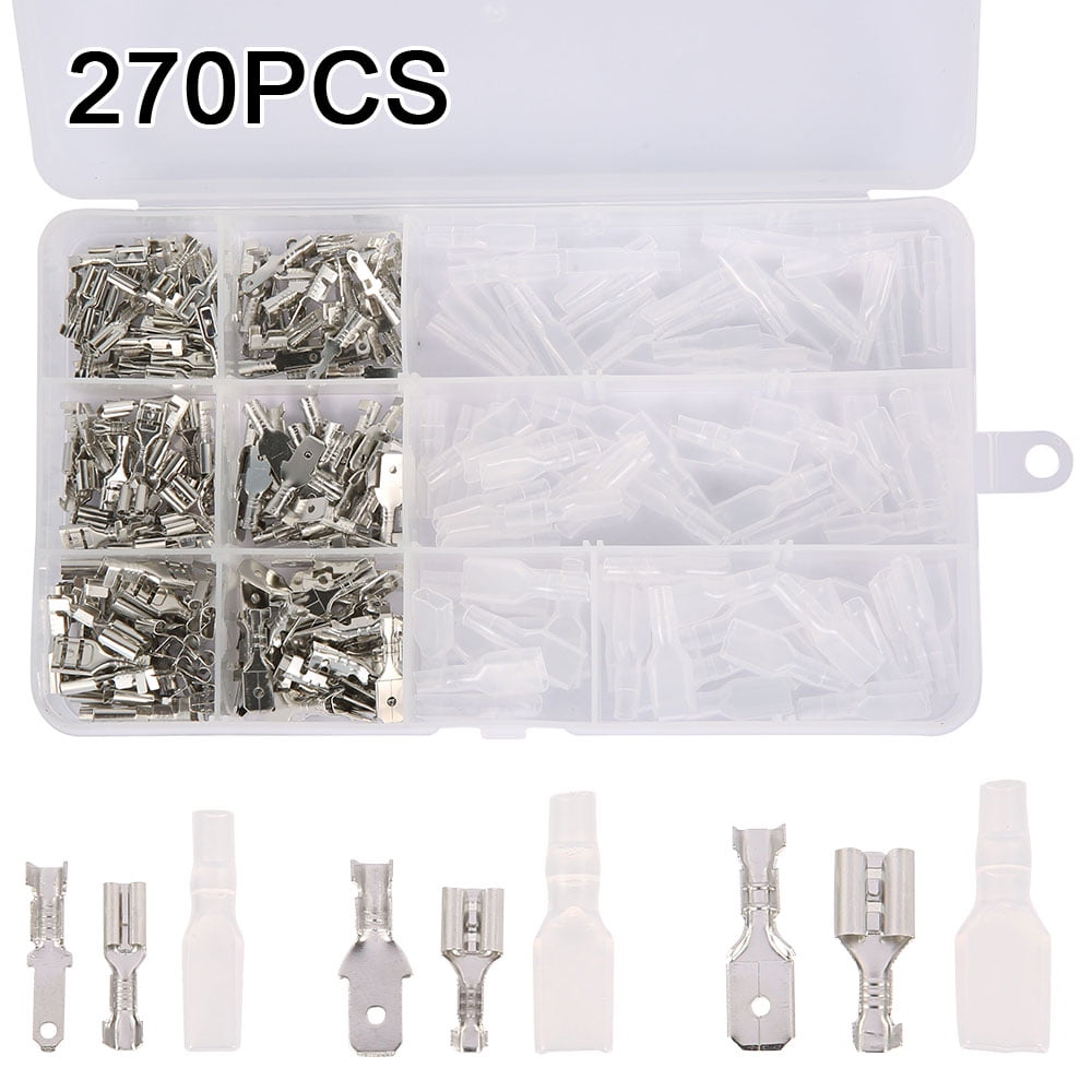 Quick Splice Wiring Connector for Electrical Wire Crimping 270Pcs Silver Wire Crimp Terminal Block with Insulating Sleeves Kit 2.8mm 4.8mm 6.3mm Male Female Electrical Wire Spade Connectors