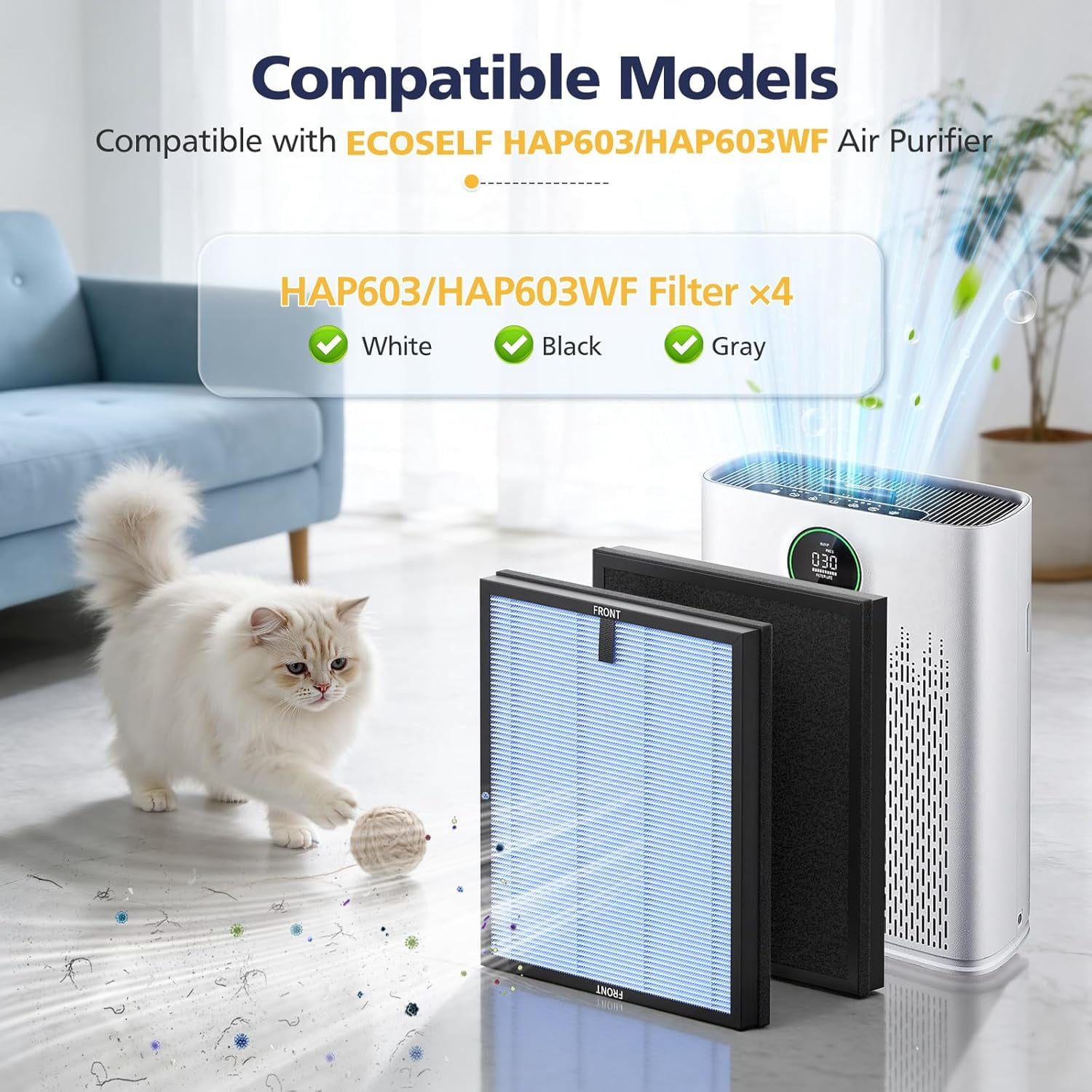 4-Pack HAP603 Filter Compatible With ECOSELF HAP603 & HAP603WF Purifier, 3-IN-1 Hepa Filter with Activated Carbon for Home Office
