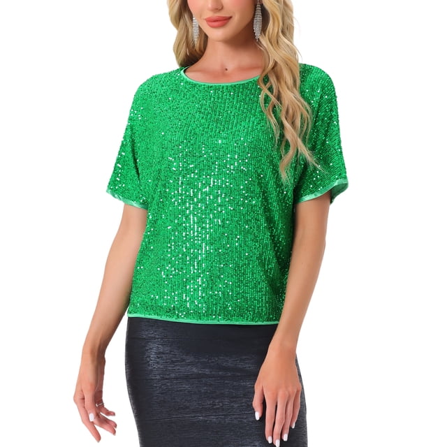 Camisa de lentejuelas INSPIRE CHIC para mujer, blusa brillante de manga dolman oversize, S verde