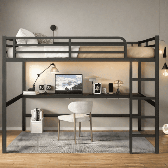 Queen Loft Bed with Power Outlet & LED Lights, Metal Space-Saving Loft Bed with Desk for Teens & Adults, Black