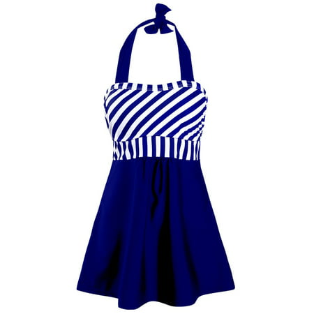 Women Plus Size M-4XL Swimdress Tankini Swimsuit Striped Tummy Control Swimwear Top with Boyshorts 2
