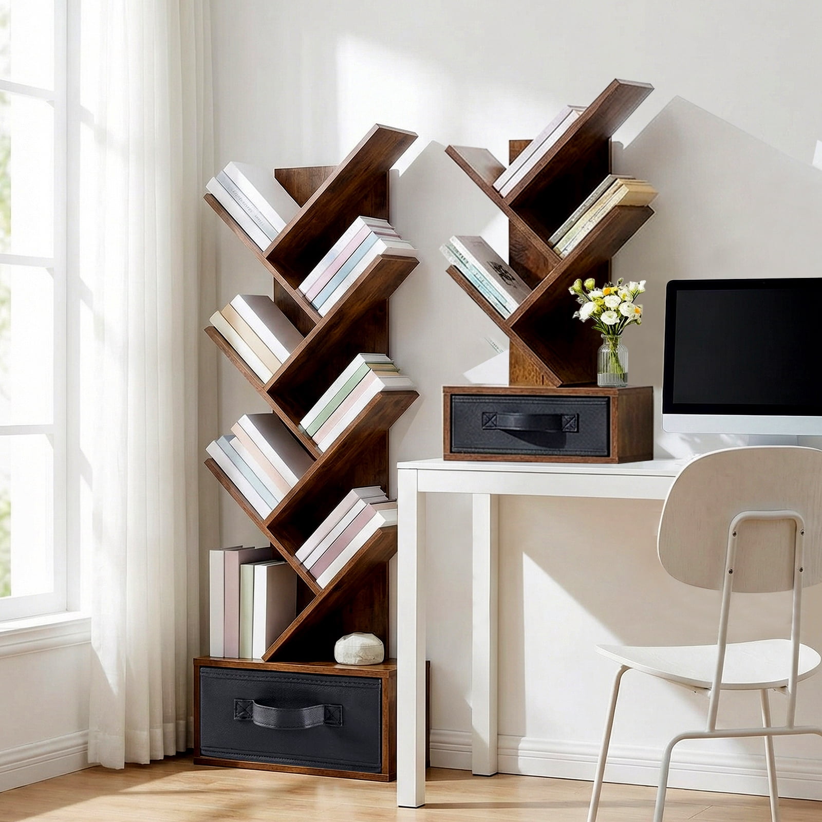 7 Tier Tree Bookshelf, Sturdy Bookcase with Storage Drawer Cabinet, Book Organizer Shelves for Home Office