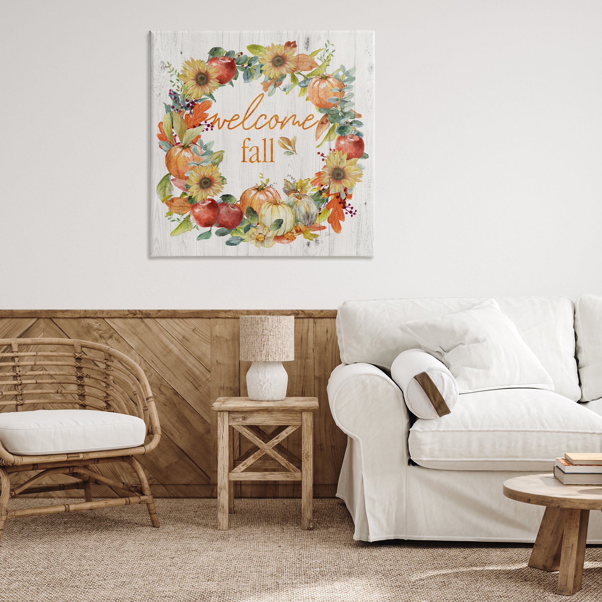 Stupell Industries Welcome Fall Pumpkin Wreath Botanical & Floral Painting Gallery Wrapped Canvas Art Prints Wall Art, 36 x 36